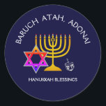 BARUCH ATAH ADONAI | Hanukkah Blessings Classic Round Sticker<br><div class="desc">Stylish, modern HANUKKAH stickers. Design shows a gold coloured MENORAH with multicolored STAR OF DAVID and silver grey DREIDEL. At the top there is curved text which says BARUCH ATAH, ADONAI (Blessed are You, O God) and underneath the text reads HANUKKAH BLESSINGS. ALL TEXT IS CUSTOMIZABLE, so you can personalise...</div>