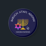 BARUCH ATAH ADONAI | Hanukkah Blessings Magnet<br><div class="desc">Stylish, elegant HANUKKAH BLESSINGS Magnet. Design shows a gold coloured MENORAH with multicolored STAR OF DAVID and silver grey DREIDEL. At the top there is curved text which says BARUCH ATAH, ADONAI (Blessed are You, O God) and underneath the text reads HANUKKAH BLESSINGS. ALL TEXT IS CUSTOMIZABLE, so you can...</div>