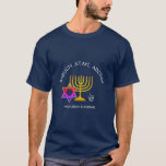 BARUCH ATAH ADONAI | Hanukkah Blessings T-Shirt<br><div class="desc">Modern, stylish HANUKKAH BLESSINGS T-shirt. Design shows a gold coloured MENORAH with multicolored STAR OF DAVID and silver grey DREIDEL. At the top there is curved text which says BARUCH ATAH, ADONAI (Blessed are You, O God) and underneath the text reads HANUKKAH BLESSINGS FROM OUR HOME TO YOURS. ALL TEXT...</div>