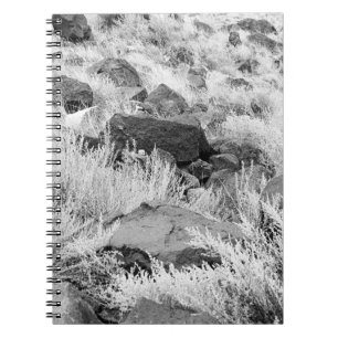 Basalt Lava Rocks in Desert, Black and White Photo Spiral Notebook