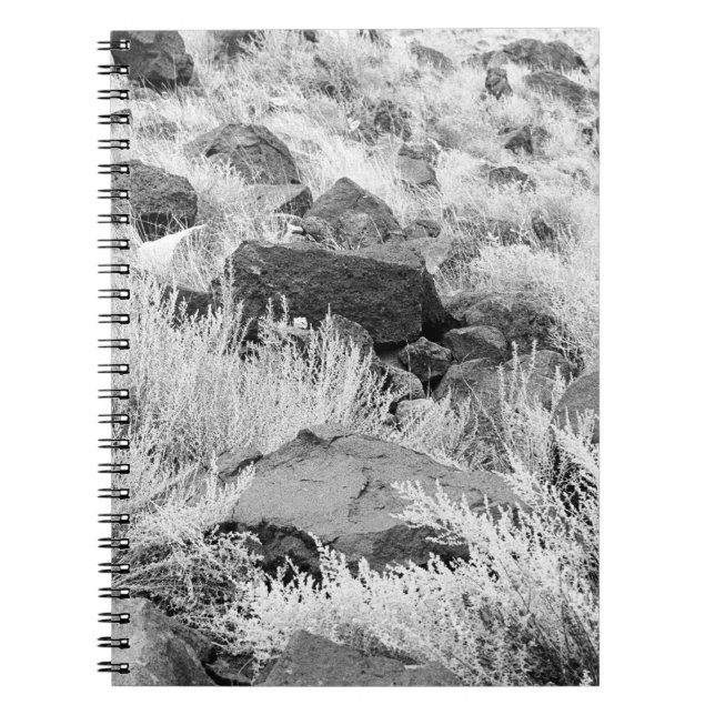 Basalt Lava Rocks in Desert, Black and White Photo Spiral Notebook (Front)