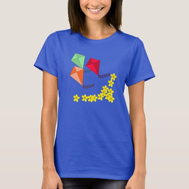 Basant Panchami Mustard Flowers and Kites T-Shirt (Front)