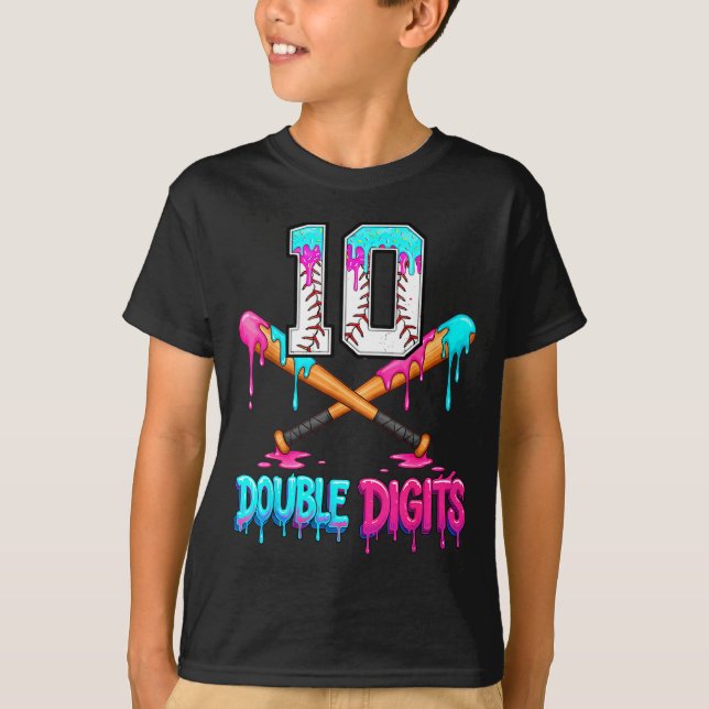 Baseball 10 Year Old Ice Cream Drip 10th Bday Doub T-Shirt (Front)
