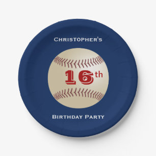 Baseball, 16th Birthday Party, Name, Blue Paper Plate