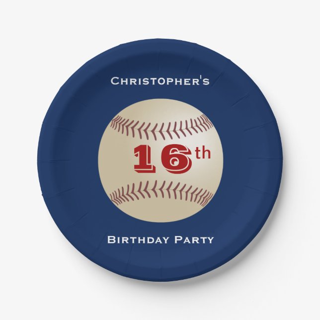 Baseball, 16th Birthday Party, Name, Blue Paper Plate (Front)