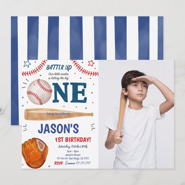 Baseball 1ST Birthday Photo Invitation  (Front/Back)