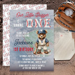 Baseball 1st Birthday Teddy Bear Little Slugger  Invitation<br><div class="desc">Celebrate your little slugger’s big milestone with this adorable teddy bear baseball first birthday invitation. A charming vintage-style teddy bear dressed in a classic baseball uniform stands on the field ready for the big game, making this design perfect for a baseball themed baby or toddler birthday celebration. The soft blue...</div>