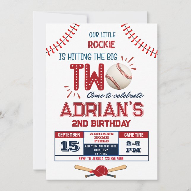 Baseball 2nd birthday boy invitation (Front)