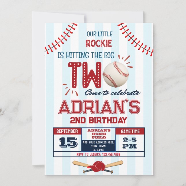 Baseball 2nd birthday boy invitation (Front)