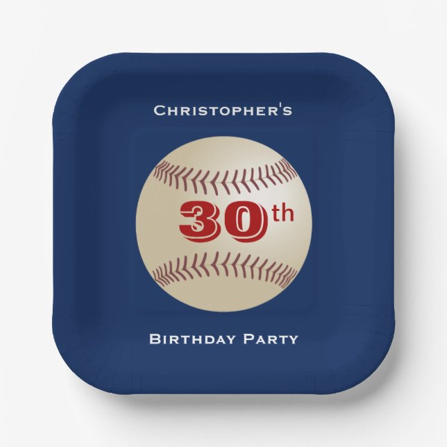 Baseball 30th Birthday Party Simple Blue Square Paper Plate (Front)