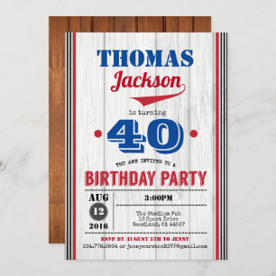 Baseball 40th birthday invitation. Rustic red blue Invitation