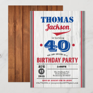 Baseball 40th birthday invitation. Rustic red blue Invitation