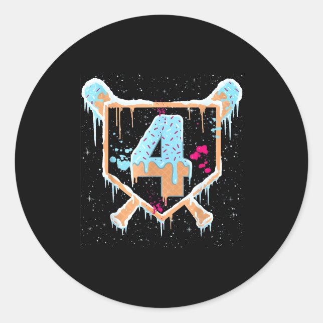 Baseball 4 Year Old Ice Cream Drip 4th Birthday Bo Classic Round Sticker (Front)