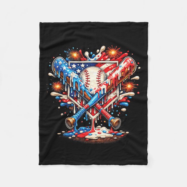 Baseball 4th July Drip Ice Cream Aamerican Flag Fleece Blanket (Front)