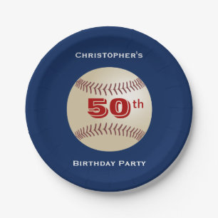 Baseball, 50th Birthday Party, Name, Blue Paper Plate