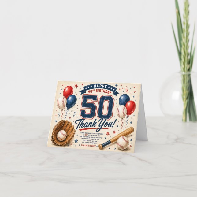 Baseball 50th Birthday Thank you  Card (Front)