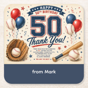 Baseball 50th Birthday Thank you  Square Paper Coaster