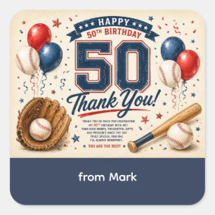 Baseball 50th Birthday Thank you  Square Sticker