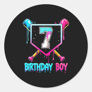 Baseball 7 Year Old Bday Boy Ice Cream Drip 7th Bi Classic Round Sticker
