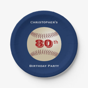 Baseball 80th Birthday Party Blue, Name, Paper Plate