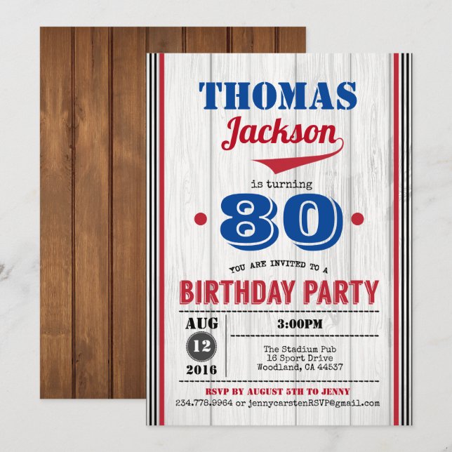 Baseball 90th birthday invitation. Rustic wood Invitation (Front/Back)