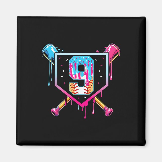 Baseball 9 Year Old Ice Cream Drip 9th Birthday Bo Magnet (Front)