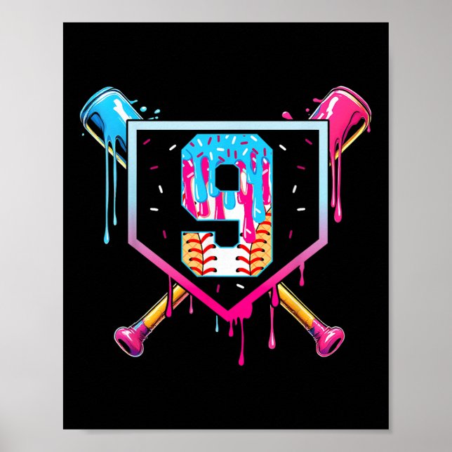 Baseball 9 Year Old Ice Cream Drip 9th Birthday Bo Poster (Front)