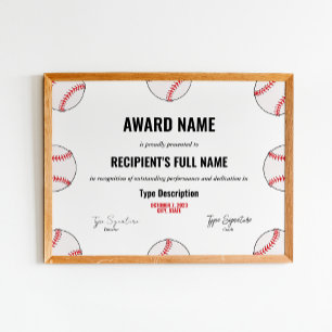 Baseball Achievement Award Certificate - Instant Poster
