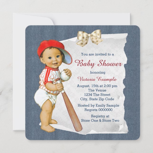 Baseball and Denim Baby Boy Shower Invitation (Front)