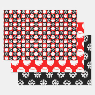 Baseball and Snowflake Red and Black Christmas Wrapping Paper Sheet
