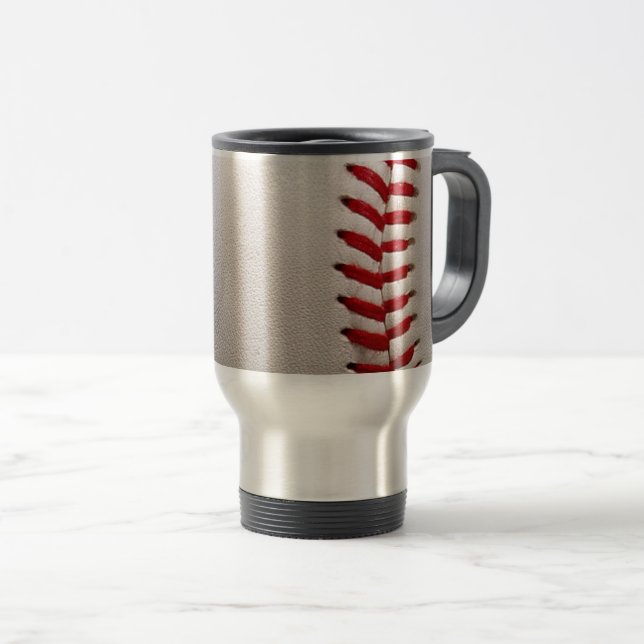 Baseball and Softball Red Stitching Travel Mug (Front Right)
