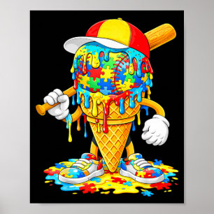 Baseball Autism Awareness Kids Ice Cream Drip Poster