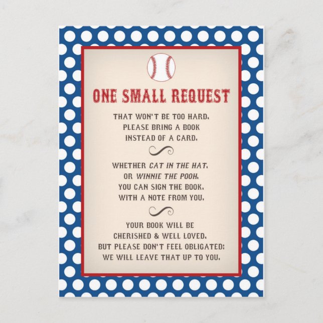 Baseball Baby Shower Bring a Book Request Postcard (Front)