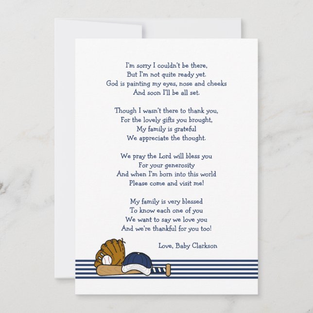 Baseball Baby Shower Thank you note with poem Invitation (Front)