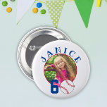 Baseball Ball 60th Birthday Photo  6 Cm Round Badge<br><div class="desc">Baseball Ball 60th Birthday Photo button. Baseball birthday button with a custom photo. Add your photo and name.</div>