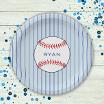 Baseball Ball Birthday Personalised Kids Party Paper Plate<br><div class="desc">Baseball birthday party paper plates for a baseball themed birthday party, celebrating the end of the season, ... The plates are personalizable - add your name. The name is in the baseball ball, the background is blue with dark blue stripes. Great for a kid - boy or girl, who love...</div>