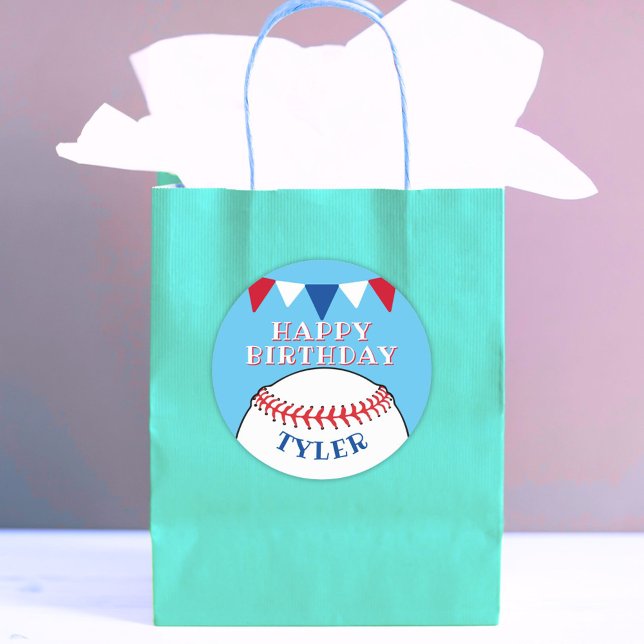 Baseball Ball Blue Kids Boy Name Happy Birthday Classic Round Sticker (Creator Uploaded)