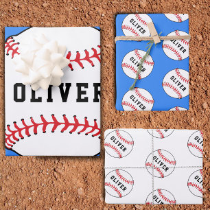 Baseball Ball Blue Pattern Kids Name Birthday Wrapping Paper Sheet