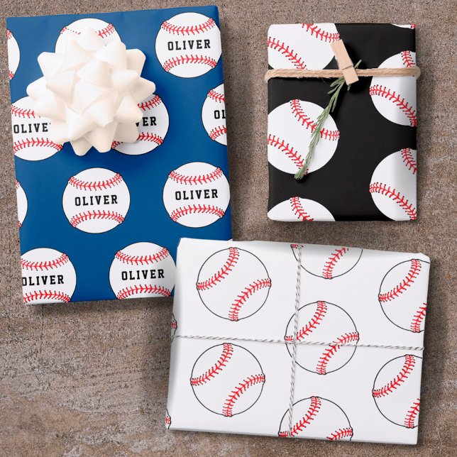 Baseball Ball Blue Pattern Kids Name  Wrapping Paper Sheet (Creator Uploaded)