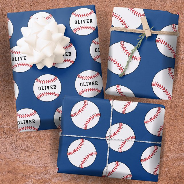 Baseball Ball Blue Pattern Kids Name Wrapping Paper Sheet (Creator Uploaded)
