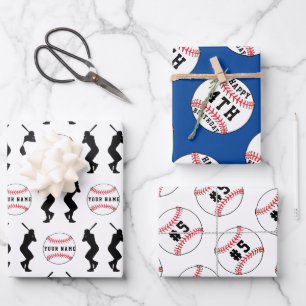 Baseball Ball Blue Sports Player Kids Name Wrapping Paper Sheet