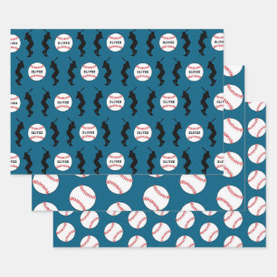 Baseball Ball Blue Sports Player Kids Name Wrapping Paper Sheet