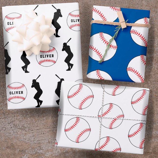 Baseball Ball Blue Sports Player Kids Name Wrapping Paper Sheet (Creator Uploaded)