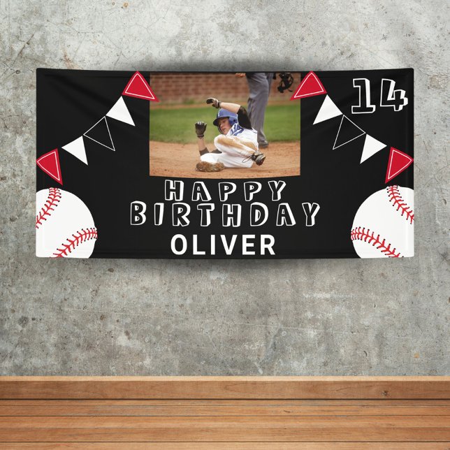 Baseball Ball Bunting Flags Black Photo Birthday  Banner (Creator Uploaded)