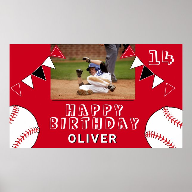 Baseball Ball Bunting Flags Red Photo Birthday Poster (Front)