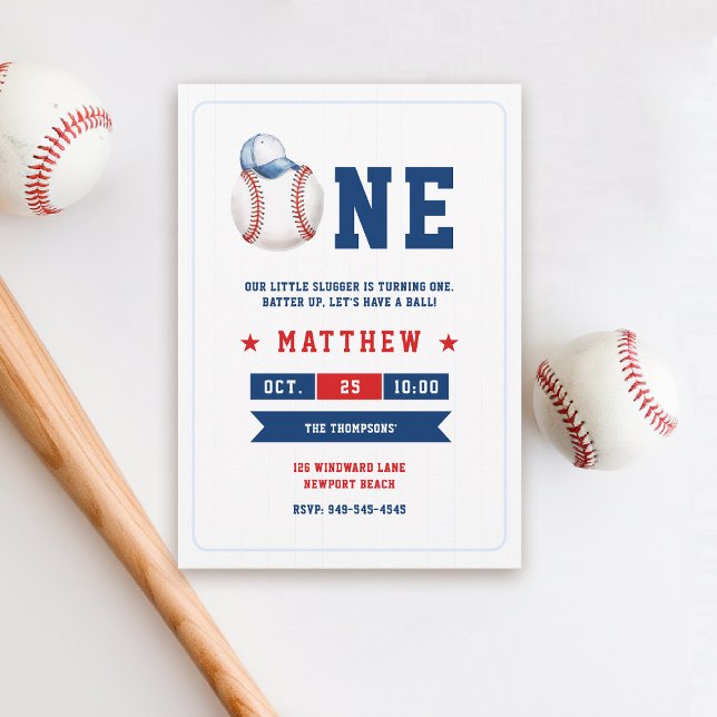 Baseball Ball Cap Blue Red Fun Boy 1st Birthday Invitation (boy 1st birthday baseball theme invitation little slugger red white cute cap watercolor sports )