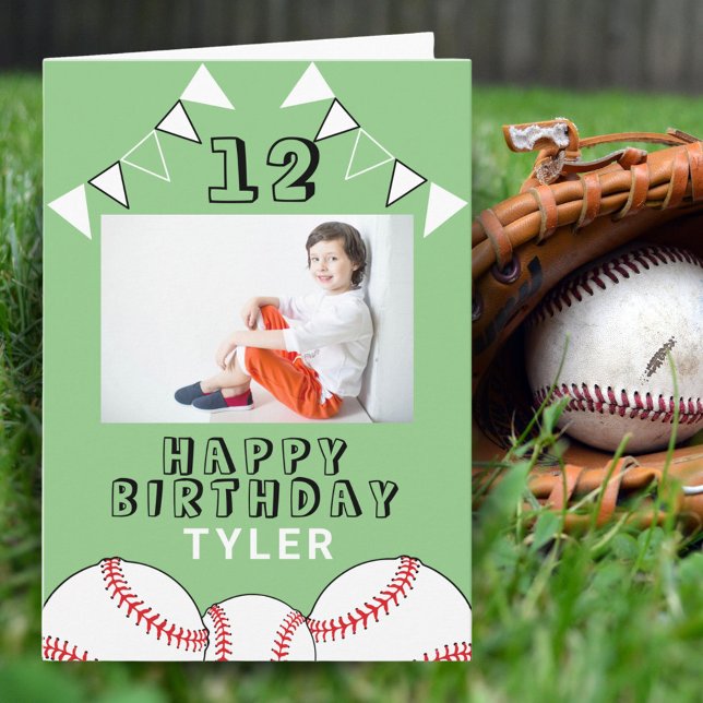 Baseball Ball Flag Green Sports Boy Photo Birthday Card (Creator Uploaded)