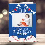 Baseball Ball Flags Blue Sports Boy Photo Birthday Card<br><div class="desc">Baseball Ball Flags Blue Sports Boy Photo Birthday Card. The design has baseball balls and birthday party bunting flags in red and white colours. Add your photo,  name,  age and text and make your own birthday card. Great for boys and girls who love baseball.</div>