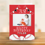 Baseball Ball Flags Sports Kids Photo Birthday Card<br><div class="desc">Baseball Ball Flags Sports Kids Photo Birthday Card. The design has baseball balls and birthday party bunting flags in red,  black and white colours. Add your photo,  name,  age and text and make your own birthday card. Great for boys and girls who love baseball.</div>