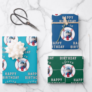 Baseball Ball Kids Birthday Photo Wrapping Paper Sheet